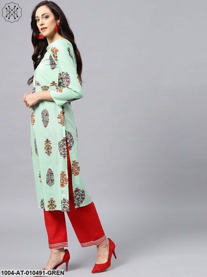 Green Printed Kurta With Boat Neck And Full Sleeves