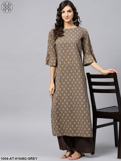 Grey Printed Straight Kurta With Round Neck And 3/4 Sleeves