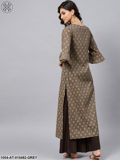 Grey Printed Straight Kurta With Round Neck And 3/4 Sleeves