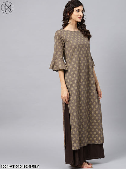 Grey Printed Straight Kurta With Round Neck And 3/4 Sleeves