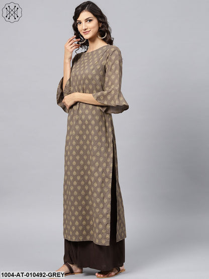 Grey Printed Straight Kurta With Round Neck And 3/4 Sleeves
