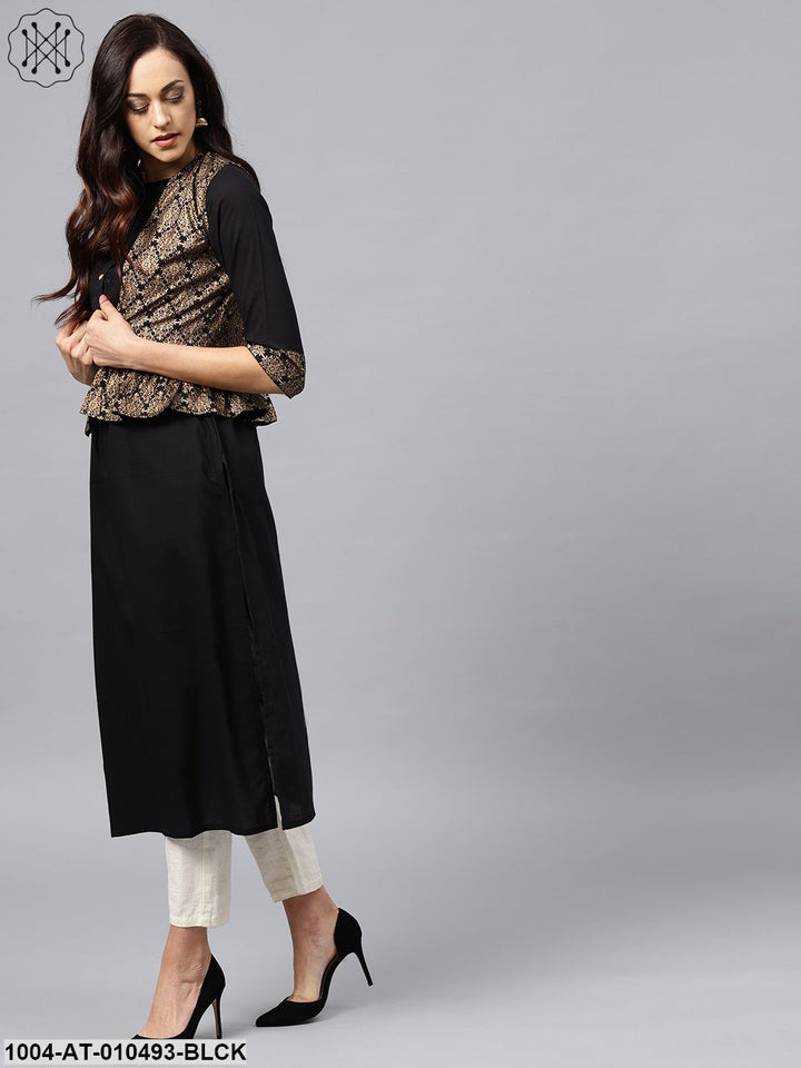 Black Kurta With Golden Short Detachable Jacket