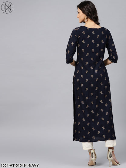 Navy Blue Printed Kurta With V-Neck And 3/4 Sleeves