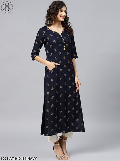 Navy Blue Printed Kurta With V-Neck And 3/4 Sleeves
