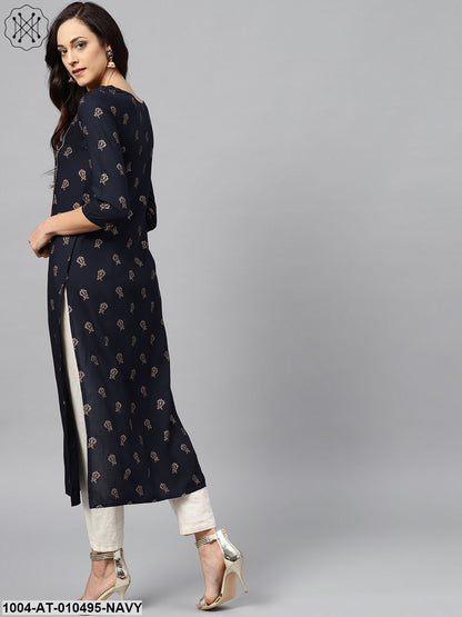 Navy Blue Kurta With Front Yoke With 3/4 Sleeves