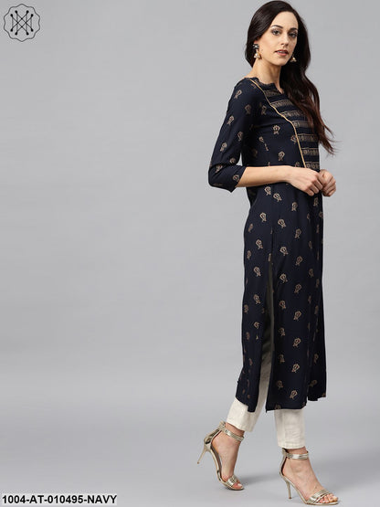 Navy Blue Kurta With Front Yoke With 3/4 Sleeves