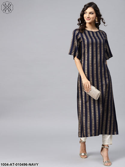 Geometric Printed Navy Blue Kurta With Round Neck And Half Slevees