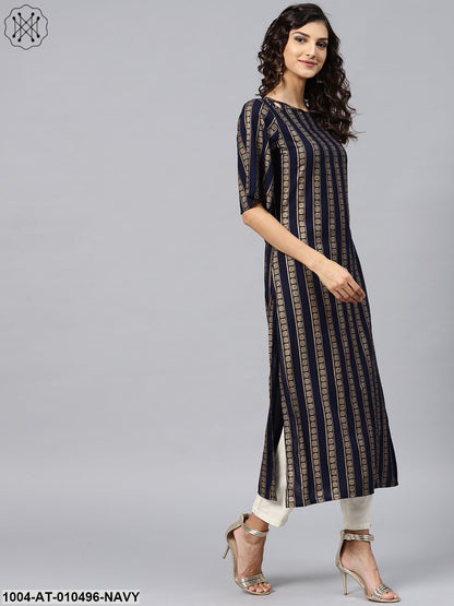 Geometric Printed Navy Blue Kurta With Round Neck And Half Slevees