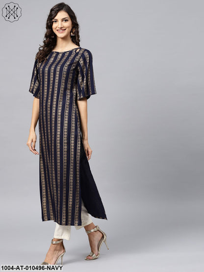 Geometric Printed Navy Blue Kurta With Round Neck And Half Slevees