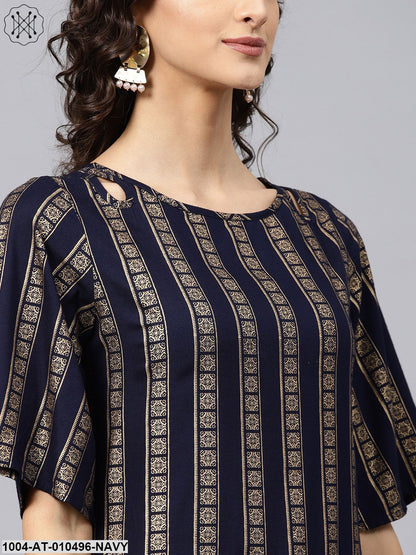 Geometric Printed Navy Blue Kurta With Round Neck And Half Slevees