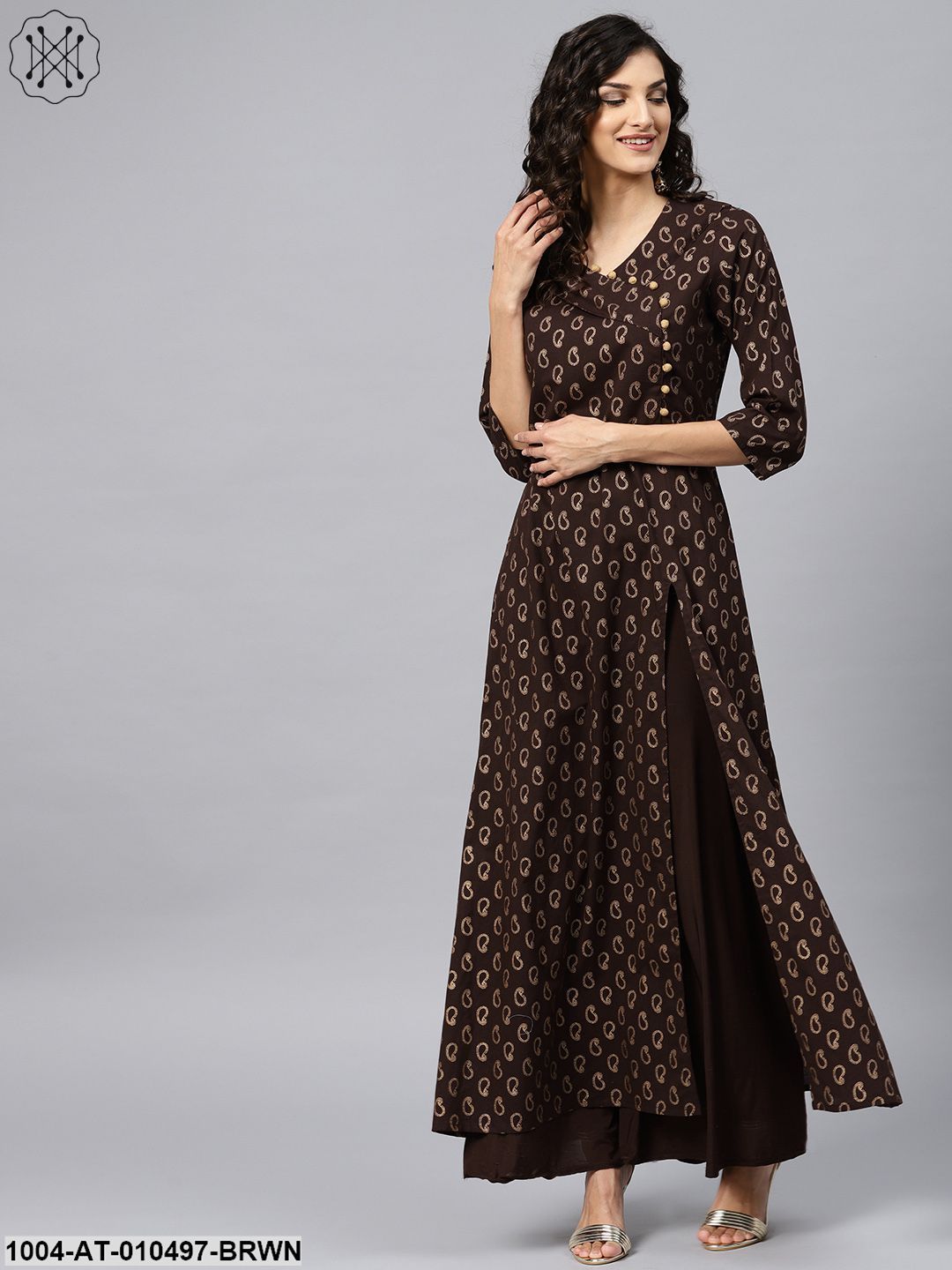 Dark Brown Printed Kurta With V-Neck And 3/4 Sleeves