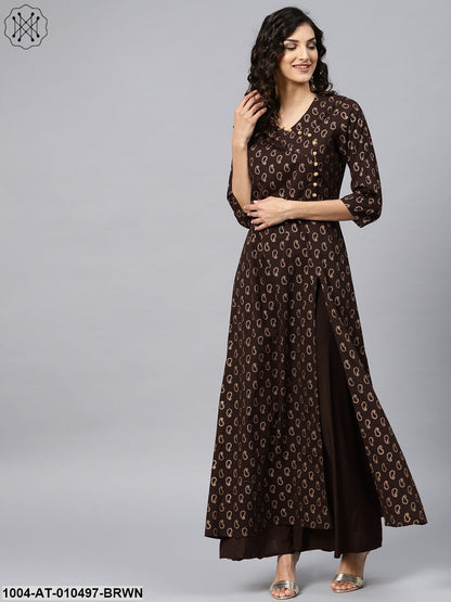 Dark Brown Printed Kurta With V-Neck And 3/4 Sleeves