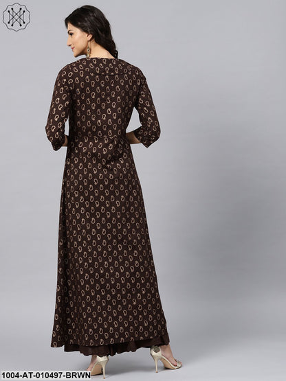 Dark Brown Printed Kurta With V-Neck And 3/4 Sleeves