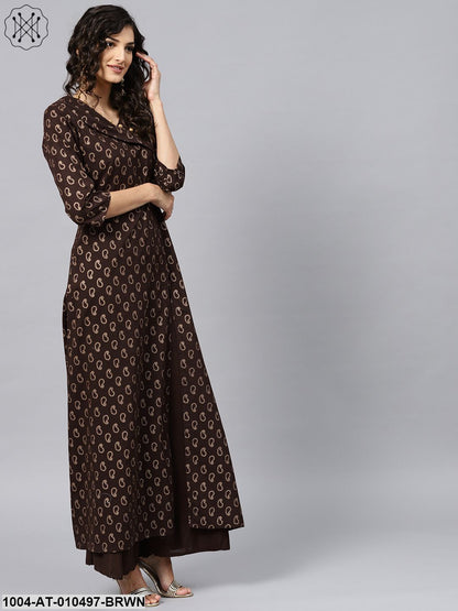 Dark Brown Printed Kurta With V-Neck And 3/4 Sleeves