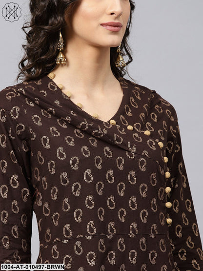 Dark Brown Printed Kurta With V-Neck And 3/4 Sleeves