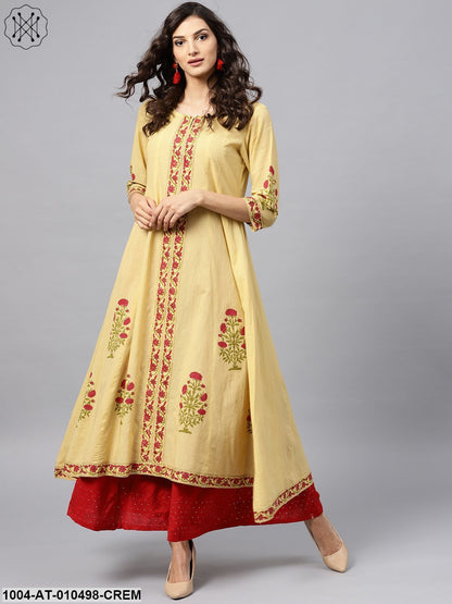 Cream Block Printed 3/4Th Sleeve Panel Cut A-Line Kurta