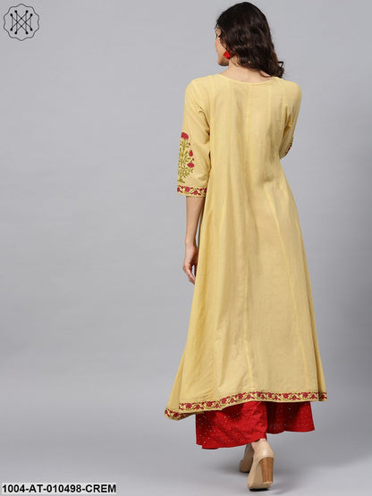 Cream Block Printed 3/4Th Sleeve Panel Cut A-Line Kurta