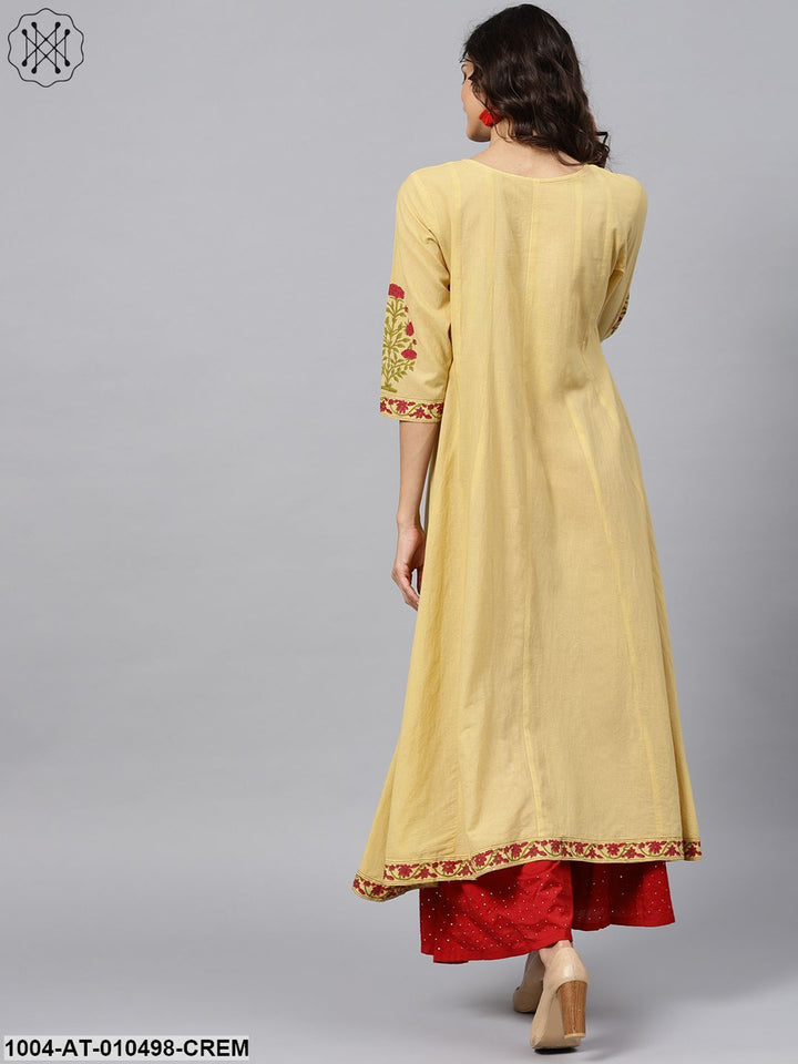 Cream Block Printed 3/4Th Sleeve Panel Cut A-Line Kurta