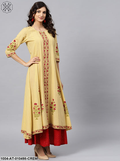 Cream Block Printed 3/4Th Sleeve Panel Cut A-Line Kurta