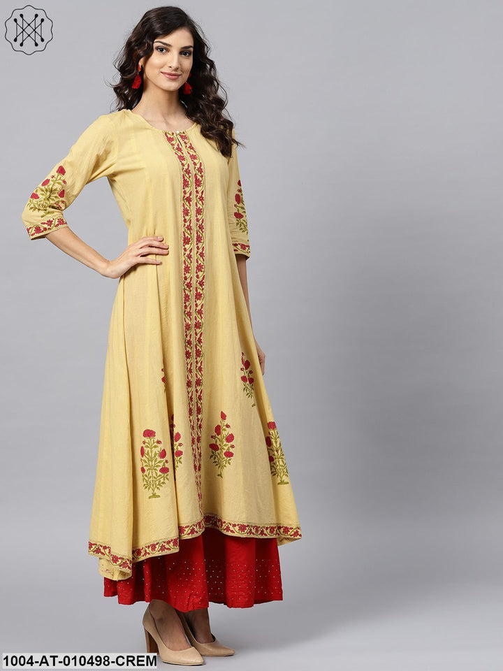 Cream Block Printed 3/4Th Sleeve Panel Cut A-Line Kurta