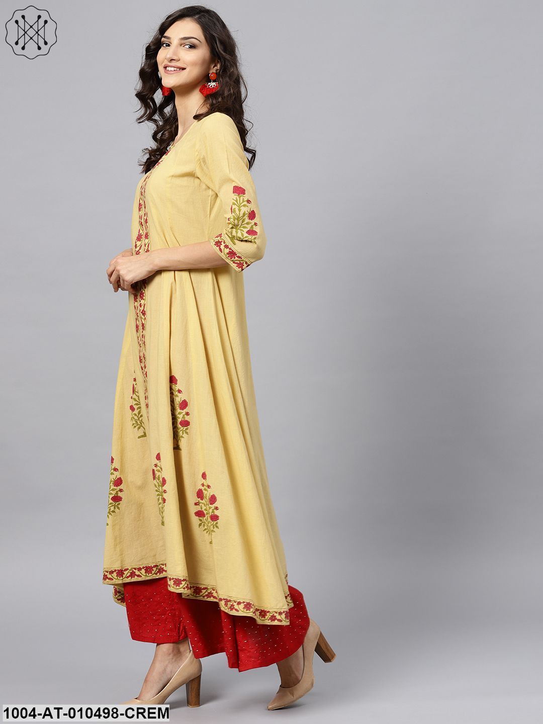 Cream Block Printed 3/4Th Sleeve Panel Cut A-Line Kurta