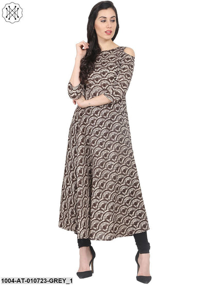 Grey Printed 3/4Th Cold Shoulder Sleeve Cotton Anarkali Kurta
