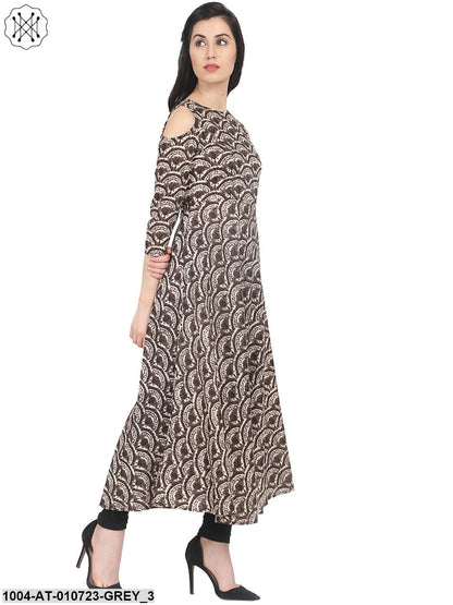 Grey Printed 3/4Th Cold Shoulder Sleeve Cotton Anarkali Kurta