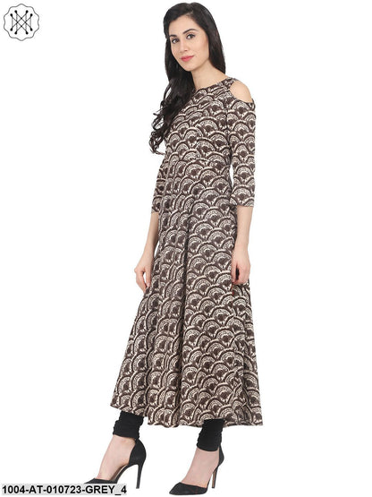 Grey Printed 3/4Th Cold Shoulder Sleeve Cotton Anarkali Kurta