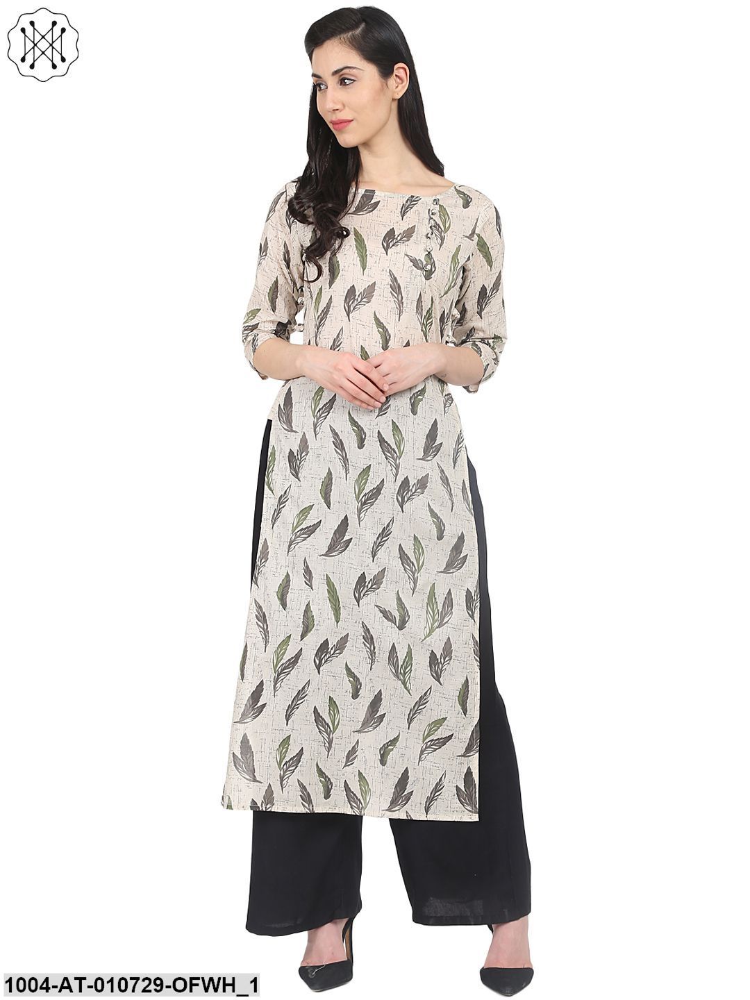 Off White Printed 3/4Th Sleeve Cotton Straight Kurta