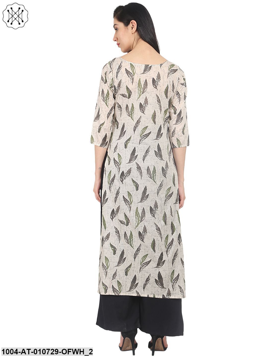 Off White Printed 3/4Th Sleeve Cotton Straight Kurta