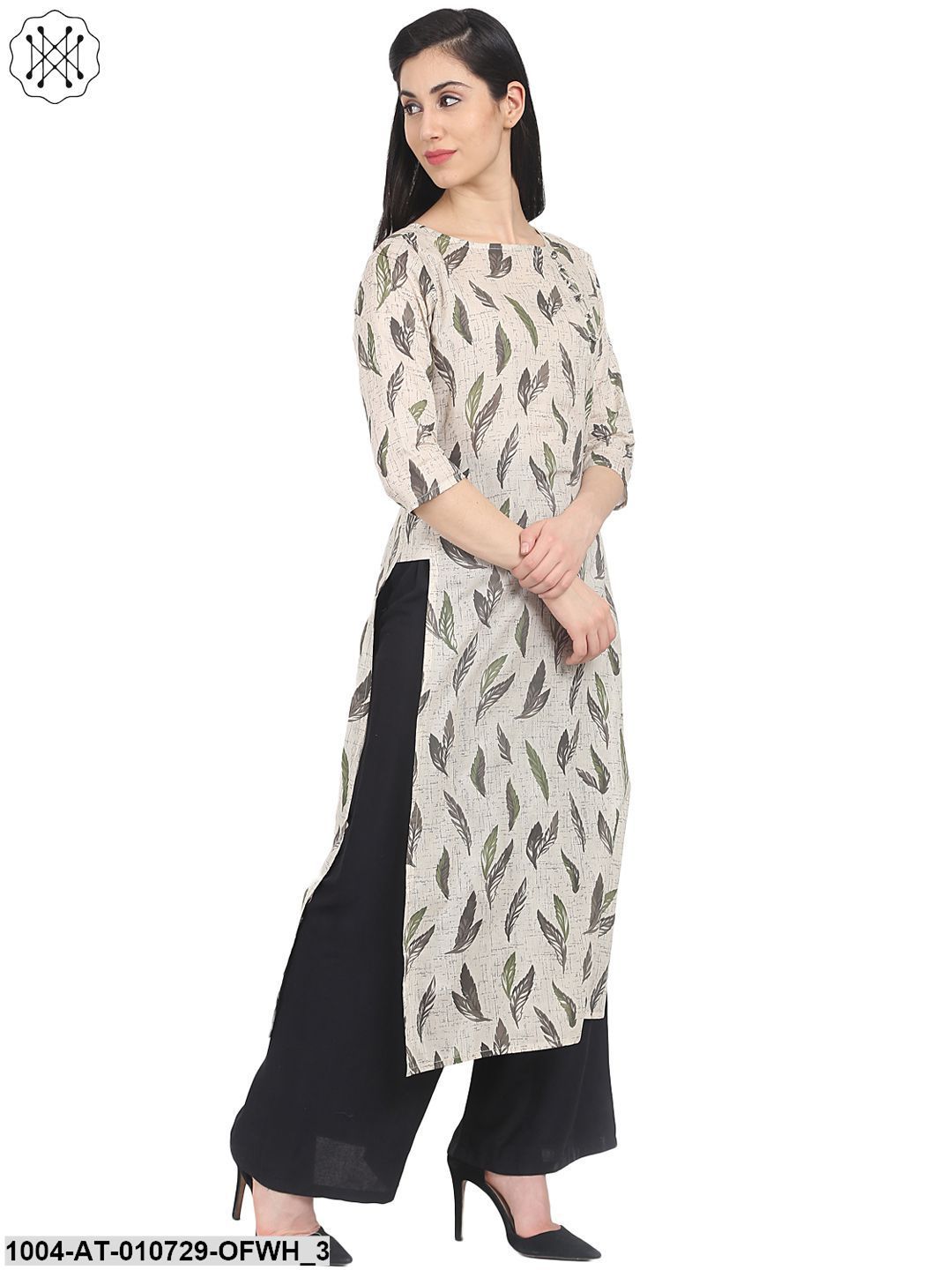 Off White Printed 3/4Th Sleeve Cotton Straight Kurta