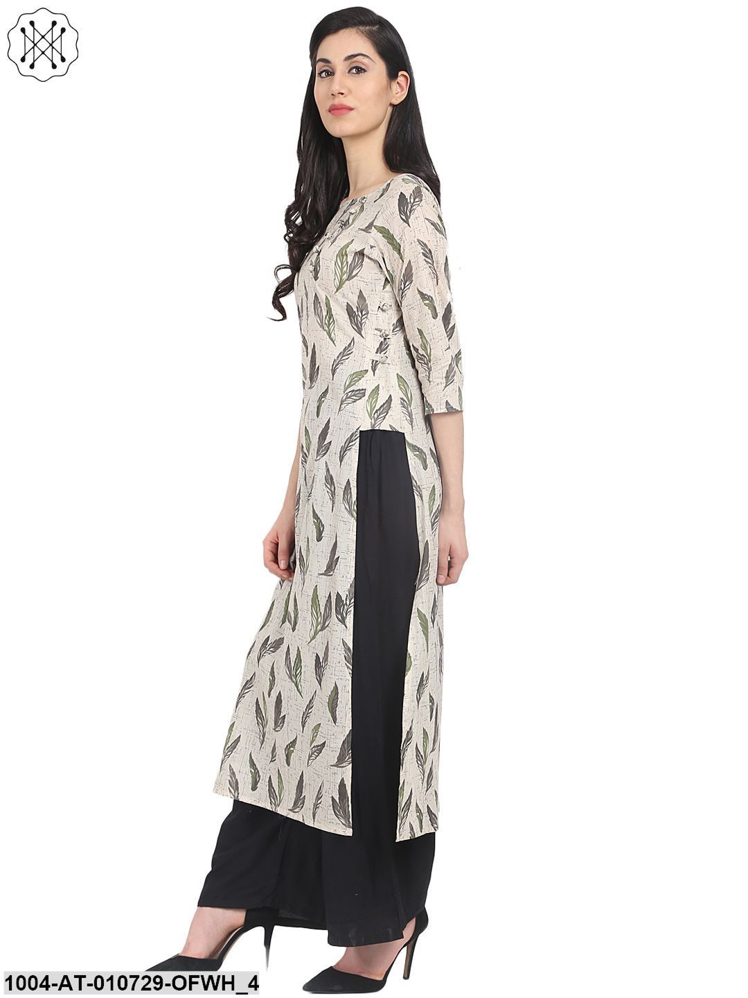 Off White Printed 3/4Th Sleeve Cotton Straight Kurta