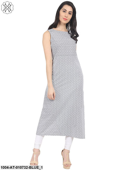 Blue Striped Sleeveless Cotton A-Line Kurta With Pocket