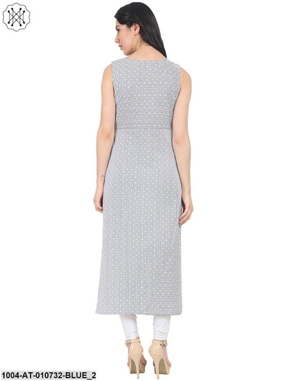 Blue Striped Sleeveless Cotton A-Line Kurta With Pocket