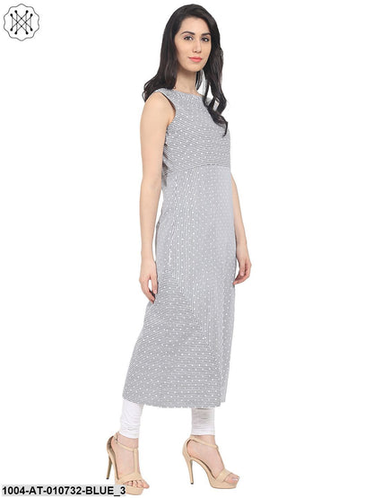 Blue Striped Sleeveless Cotton A-Line Kurta With Pocket