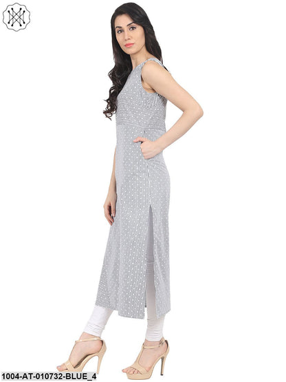 Blue Striped Sleeveless Cotton A-Line Kurta With Pocket