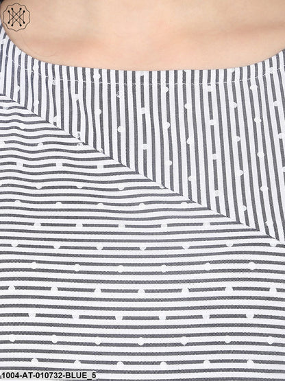 Blue Striped Sleeveless Cotton A-Line Kurta With Pocket