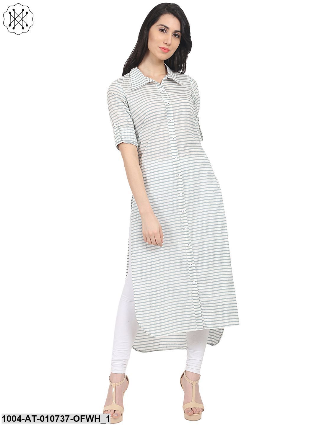 Off White Striped Half Sleeve Cotton Low High Kurta