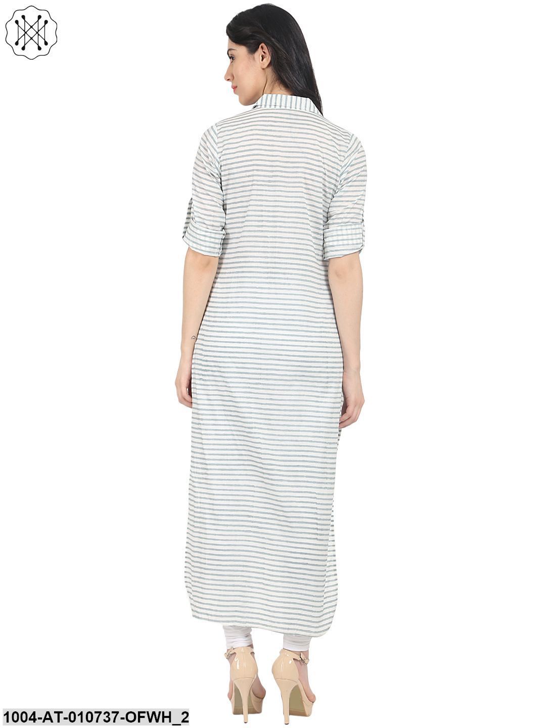 Off White Striped Half Sleeve Cotton Low High Kurta
