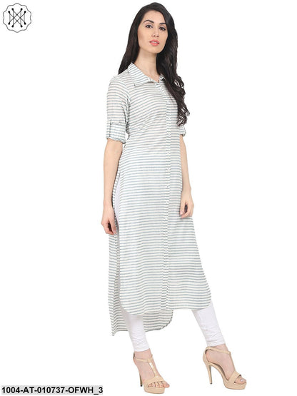 Off White Striped Half Sleeve Cotton Low High Kurta