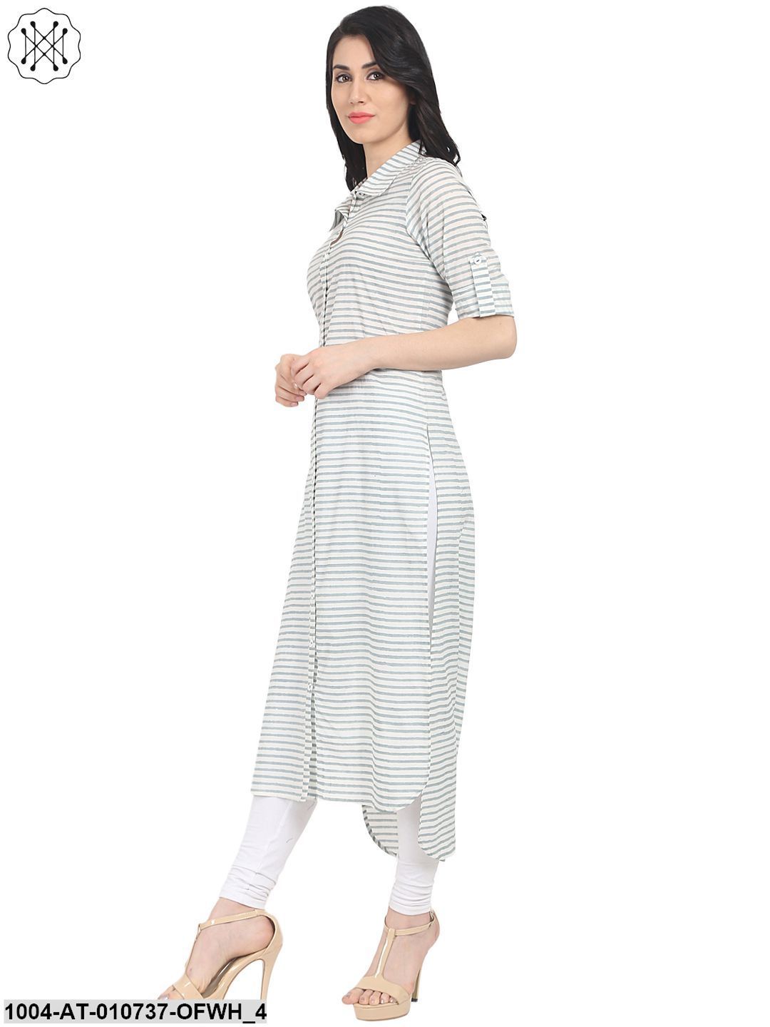 Off White Striped Half Sleeve Cotton Low High Kurta