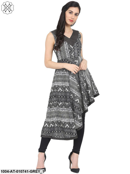 Grey Printed Sleeveless Cotton Anarkali Kurta