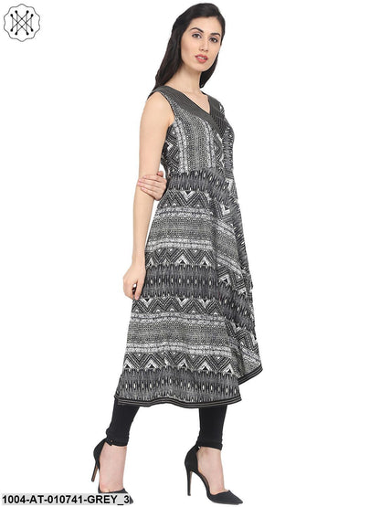 Grey Printed Sleeveless Cotton Anarkali Kurta