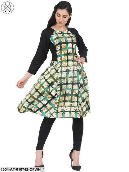 Off Whitecheck 3/4Th Sleeve Cotton A-Line Kurta