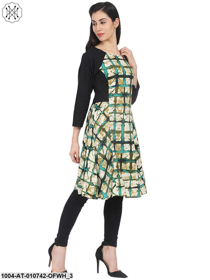 Off Whitecheck 3/4Th Sleeve Cotton A-Line Kurta