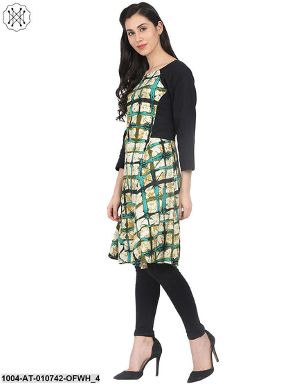 Off Whitecheck 3/4Th Sleeve Cotton A-Line Kurta