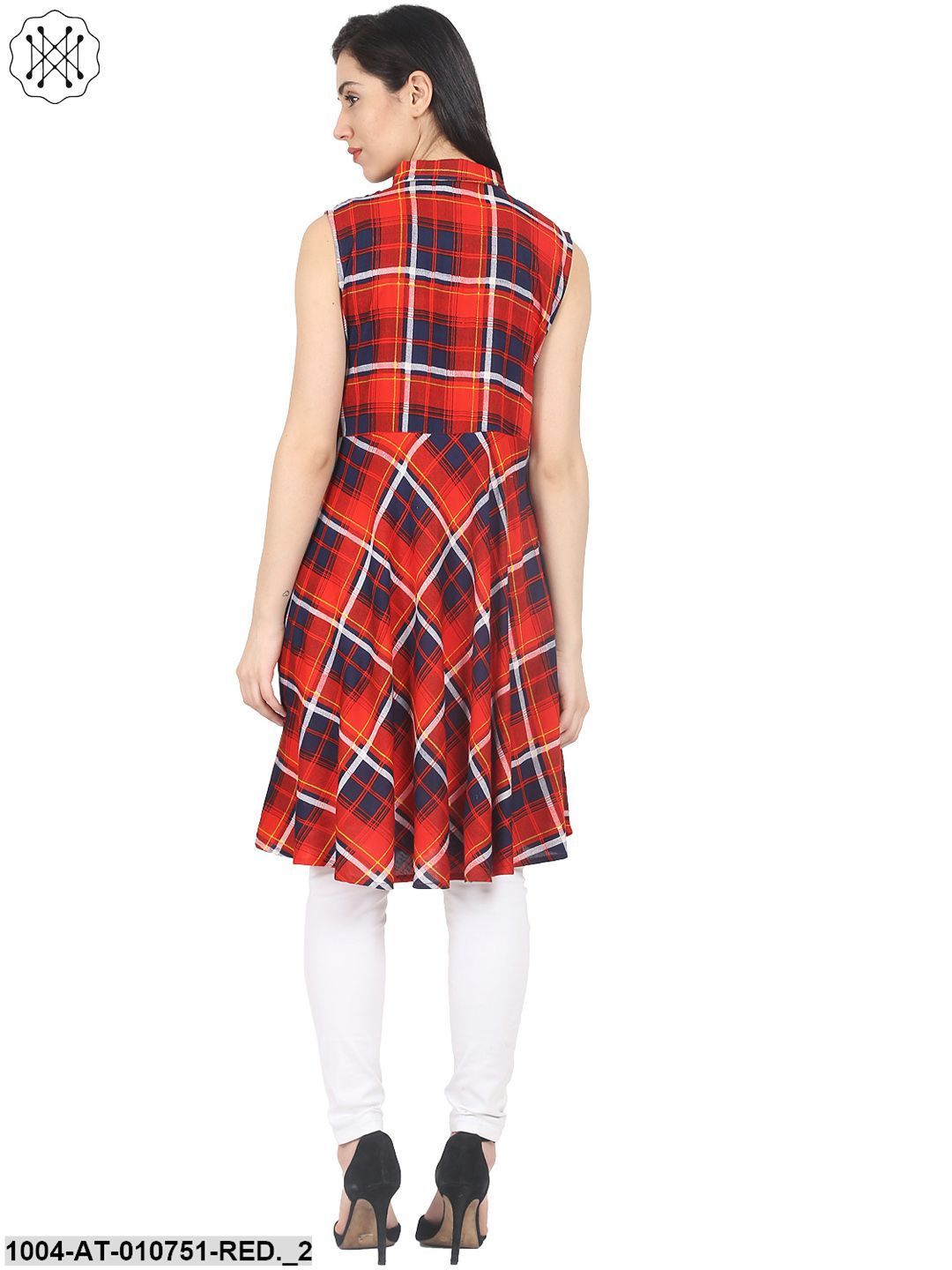 Red Check Sleeveless Cotton Croped Anarkali Kurta