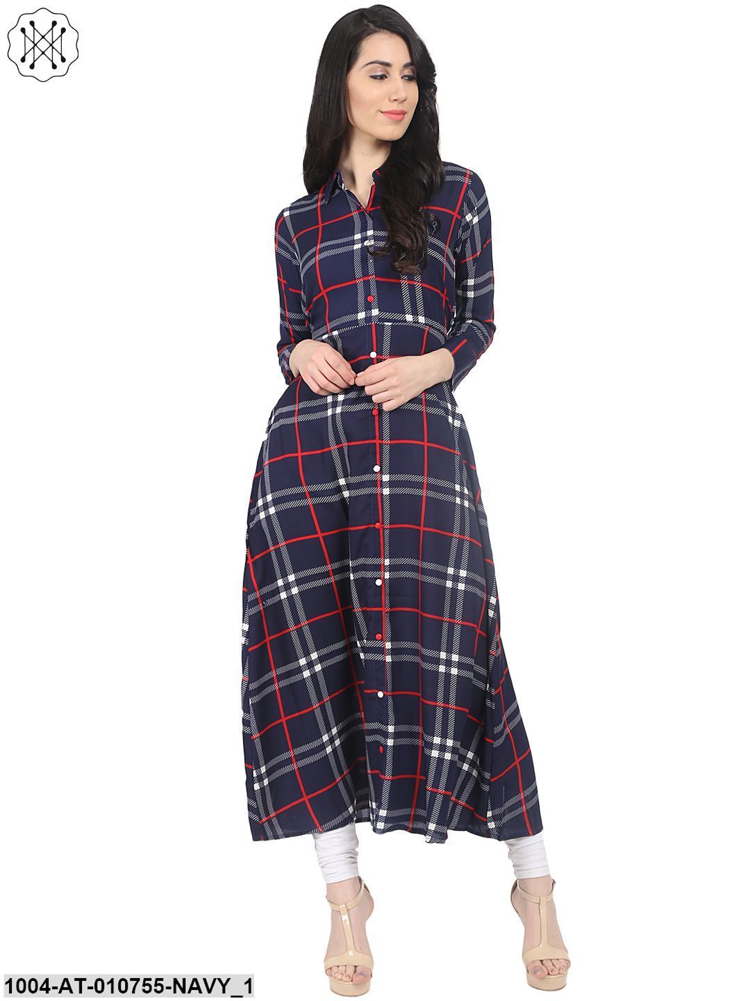 Navy Blue Check Printed 3/4Th Sleeve Crepe A-Line Kurta