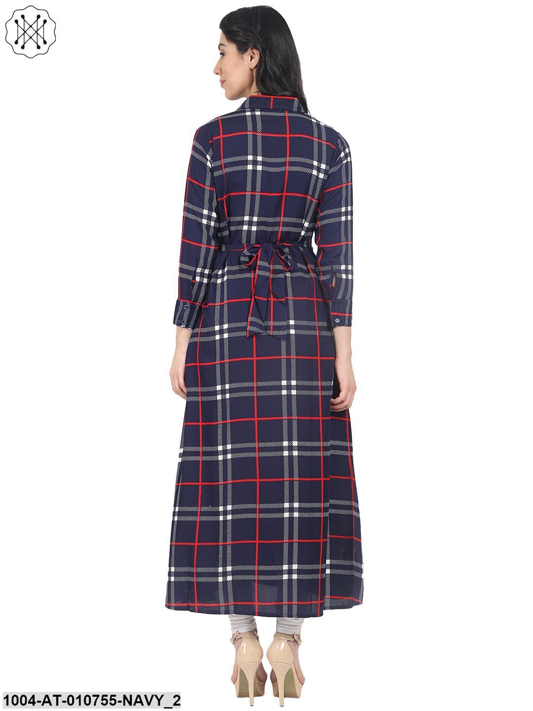 Navy Blue Check Printed 3/4Th Sleeve Crepe A-Line Kurta