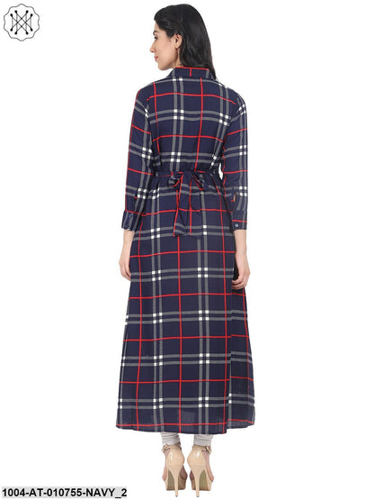 Navy Blue Check Printed 3/4Th Sleeve Crepe A-Line Kurta